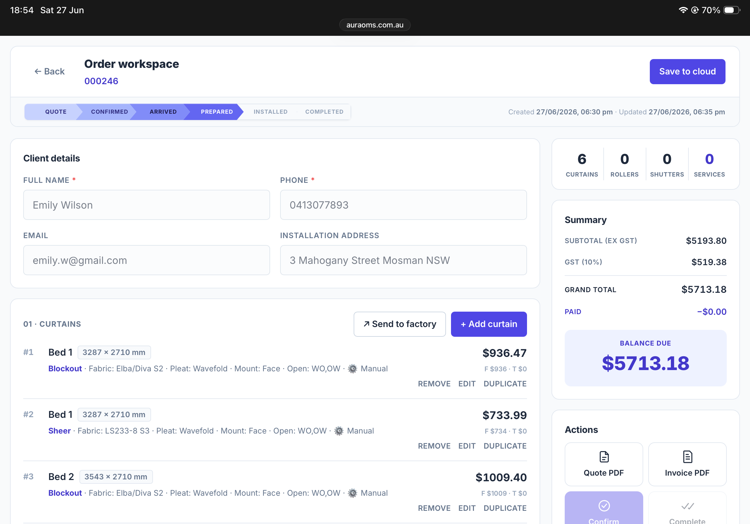 AuraOMS order workspace open on an iPad
